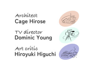 Architect Cage Hirose、TV director Dominic Young、Art critic Hiroyuki Higuchi と記した3枚の名刺風イラスト。図面と定規、三脚に載せたテレビカメラ、積んだ本とコーヒーカップの線画。