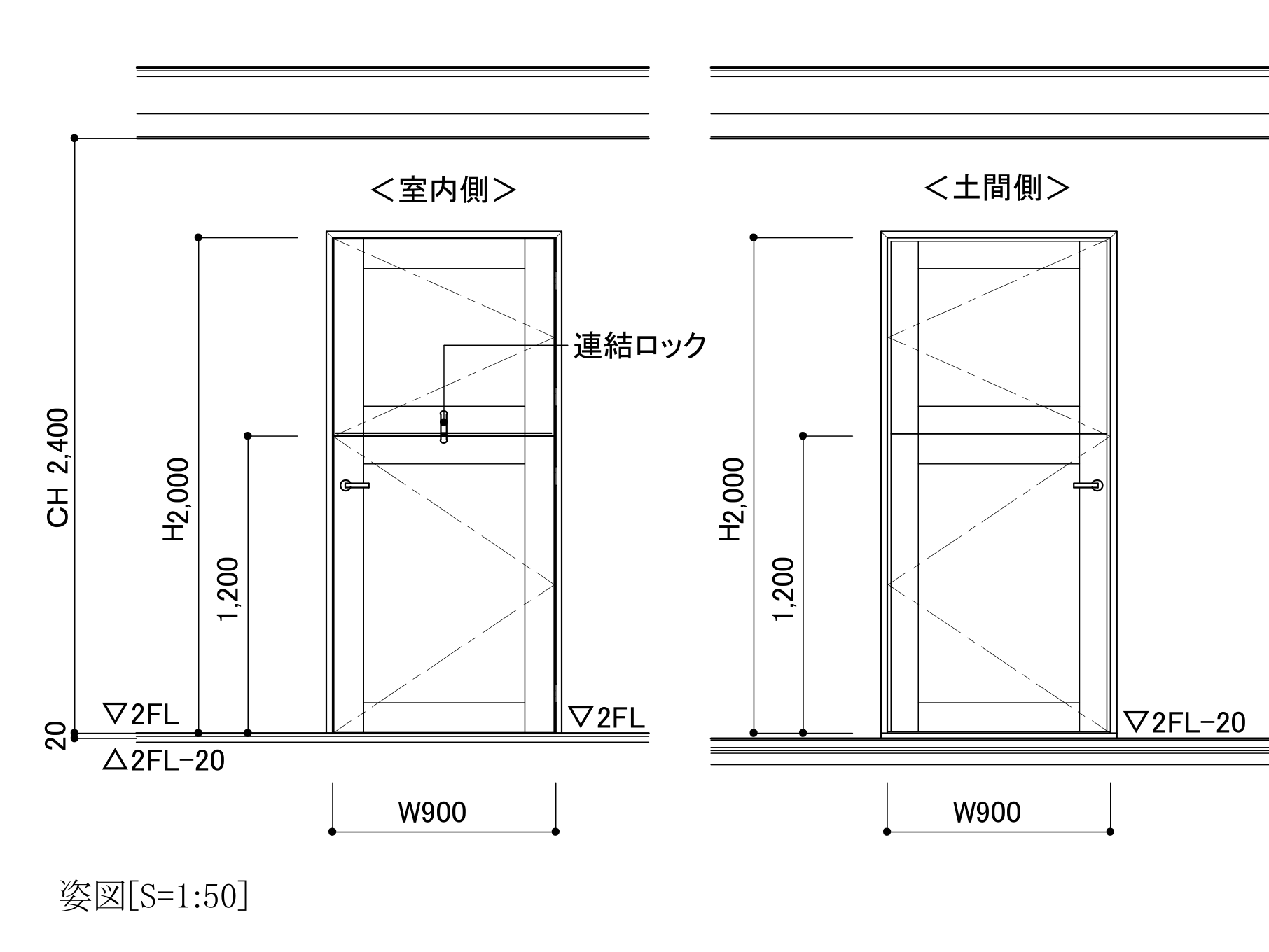 ドッグフェンス兼用ドアの姿図。室内側と土間側の両面。ドア幅W900、高さH2,000、天井高CH2,400。上下の分割位置は床から1,200mm。上下扉をつなぐ連結ロック。土間側は2FL-20の段差。